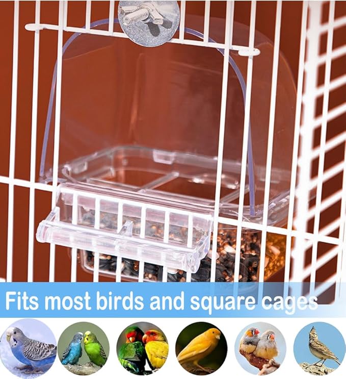 Bird Parrot Feeders, Cage Feeder Dispenser Food Container, Auto Bird Seed Bowl for Small Medium Birds, Cockatiel Canary Cockatoos Parakeet Conure Lovebird, Acrylic Clear