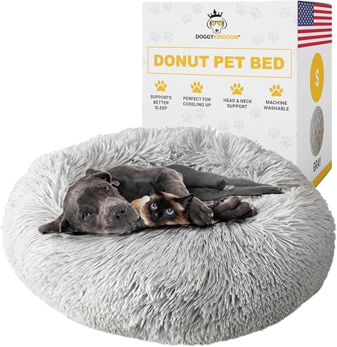 Calming Round Donut Dog Bed Pillow, Washable, Anti Anxiety, Anti-Slip, Cozy Soft Cuddler Comfort Bed with Fluffy Plush Faux Fur for large medium small Sized Dog - Gray, S 28 inch