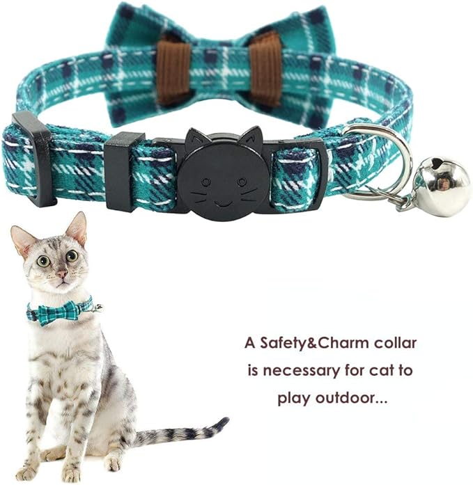 Cat Collar Breakaway with Bell and Bow Tie, Plaid Design Adjustable Safety Kitty Kitten Collars(6.8-10.8in) (Cyan-Blue)