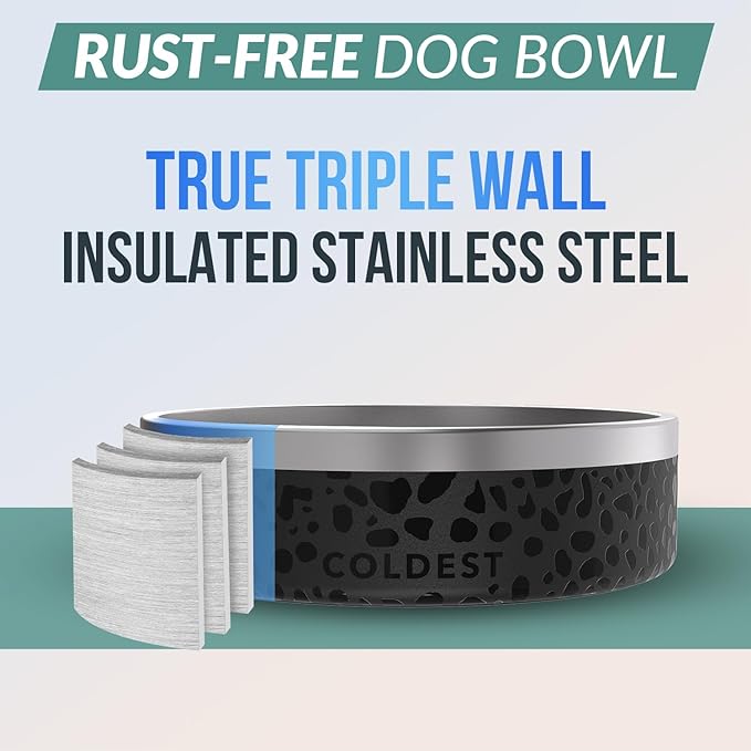 Coldest Dog Bowl - Anti Rust Metal & Non Slip Dog Bowls Large, Spill Proof Heavy Duty 3 Layers Insulated Dog Bowl - Food and Water Bowl for Dogs, Cats & Pets, Dishwasher Safe (42 oz, Black Leopard)