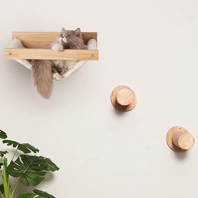 FUKUMARU Cat Hammock Wall Mounted, 18 x 14 in Kitty Beds and Perches, Wooden Cat Wall Furniture, Larger Version Cat Wall Shelves with Extra Cloth, Suitable for 16 inch Drywall Installation