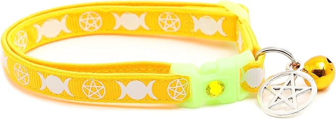 Wicca Cat Collar with Occult Charm & Bell | Witch’s Familiar Cat Collar | Witch Kitten Collar Charms | Glow in The Dark | Safety Breakaway Collar (Large(10lbs & Up), Yellow)