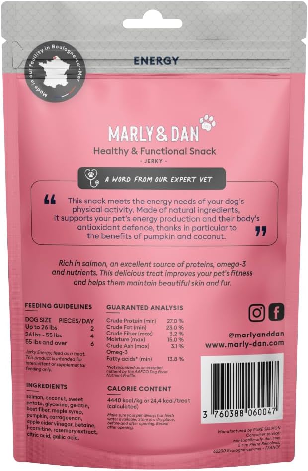 Marly & Dan Baked Salmon Jerky Snack Bar for Dogs with Sweet Potato and Pumpkin - Delicious Treats Dogs Adore, Naturally Healthy & Functional Energy Recipe, Rich in Omega 3/6, 6 oz