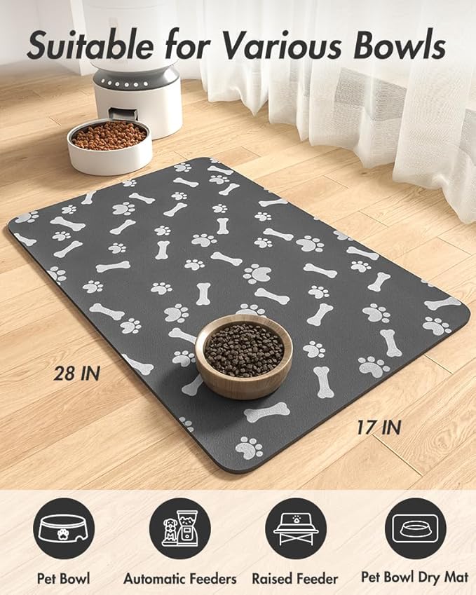 Pet Feeding Mat-Absorbent Dog Food Mat-Dog Mat for Food and Water-No Stains Quick Dry Dog Water Dispenser Mat-Pet Supplies-Dog Placemat Dog Water Bowl for Messy Drinkers (17"x28", Dark Grey)