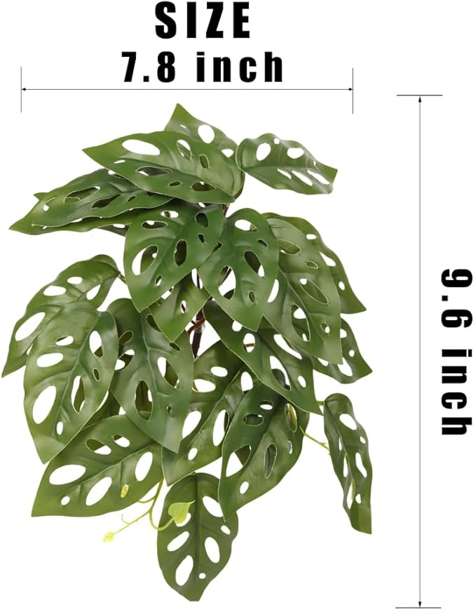 Reptile Plants for Terrarium, Amphibian Habitat Decor Artificial Hanging Plants with Suction Cup - Fake Swiss Cheese Plants Monstera Adansonii