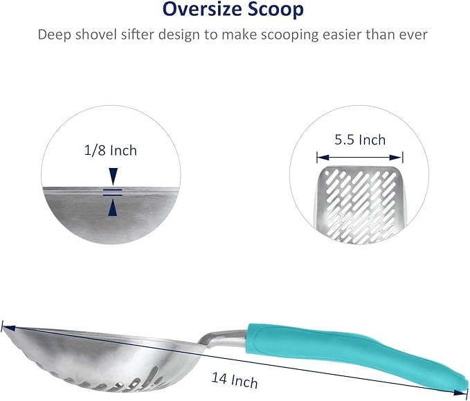 WePet Cat Litter Scoop, Aluminum Alloy Sifter, Kitty Metal Scooper, Deep Shovel with Diagonal Sifting Hole, Long Handle, Kitten Poop Lifter for Litter Box, Large Size, Turkish Blue Handle