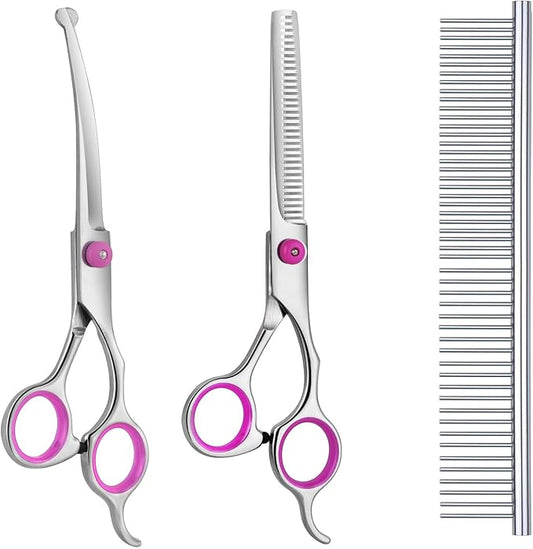 Maxshop Dog Grooming Scissors with Safety Round Tips, Heavy Duty Titanium Pet Grooming Trimmer Kit, Professional Thinning Shears, Curved Scissors with Comb for Dogs and Cats (Pink Set of 3)