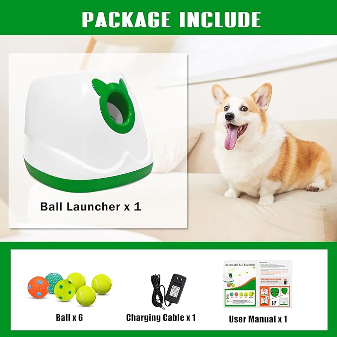 Automatic Dog Ball Launcher, Interactive Dog Ball Launcher for Small to Medium Dogs, 3 Launching Distance Dog Ball Thrower Machine for Indoor Outdoor with 6pcs Balls Dog Toy