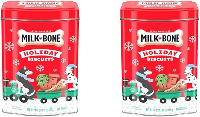 Milk-Bone Limited Edition Holiday Dog Treats, Small Biscuits, 24 Ounce Reusable Tin (Pack of 2)