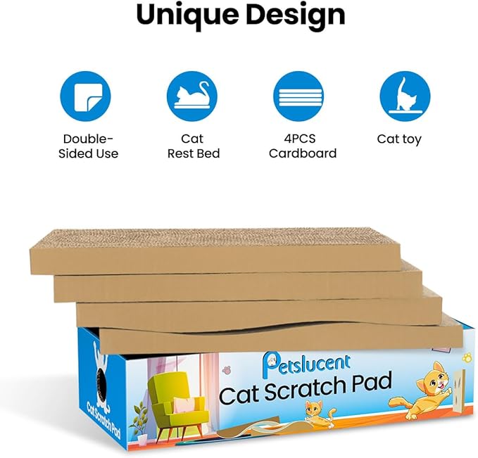 Petslucent Cat Scratching Board - 4PCS Cat Scratcher with Box, Large Size Cat Scratching Pad Easy for Cats to Scratch, Corrugated Cardboard Cat Scratchers Lounge for Indoor Kitty to Rest and Play