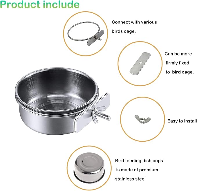 kathson Stainless Steel Bowls for Birds,4 Pcs Parrot Feeder Dish Cups,Bird Cage Water Food Bowl Coop Cup with Clamp Holder for Parrots Cockatiel Budgies Parakeet Lovebird(S)