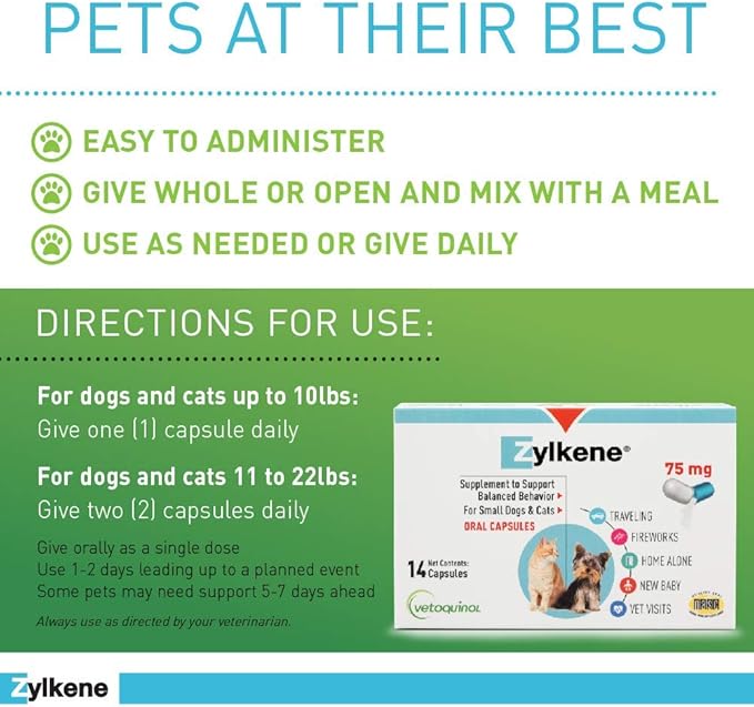 Vetoquinol Zylkene Calming Support Supplement for Small Dogs and Cats, Helps Promote Relaxation and Reduce External Stress Factors, Daily Behavioral Support and Anxiety Relief for Dogs and Cats, 75mg