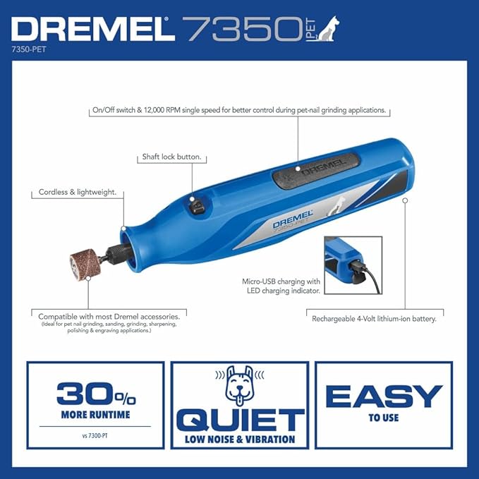 Dremel 7350-PET 4V Pet & Dog Nail Grinder, Professional Pet Grooming Kit - Works on Large, Medium, Small Dogs & Cats & 408 1/2-Inch Sander Bands, Coarse, 6 Pack, Purple