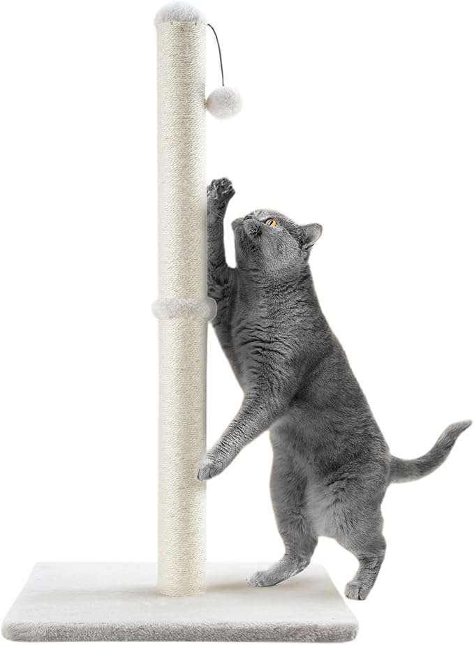 34" Tall Cat Scratching Post for Large Cats and Kittens, High Vertical Scratcher with Premium Natural Sisal Rope and Interactive Hanging Ball for Indoor Cats (Beige)