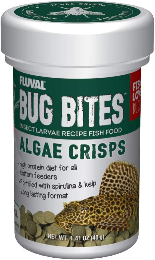 Fluval Bug Bites Algae Crisps for Bottom Feeders, Fish Food for Small to Medium Sized Fish, 1.41 oz., A7360, Brown