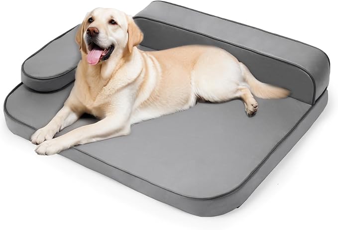 XL Dog Bed for Large Dogs, Easy Clean Dog Sofa Air-Leather-Fabric Pet Bed, Stain & Waterproof Dog Bed with Memory Foam & Washable Cover, with Pillow & Side Cushion, Gray, XL Size