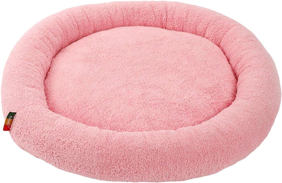 QWINEE Cat and Dog Cushion Bed Mat Plush Puppy Kitten Beds Round Bed Anti-Slip Pet Sleeping Bed for Small Medium Dog Cat Kitten Pink L