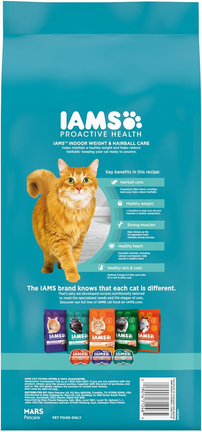 IAMS PROACTIVE HEALTH Adult Indoor Weight Control & Hairball Care Dry Cat Food with Chicken & Turkey Cat Kibble, 3.5 lb. Bag