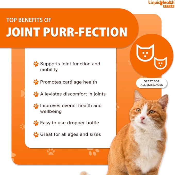 LIQUIDHEALTH 2.3 Oz Liquid Cat Glucosamine Joint Purr-Fection - Hip and Joint Health Relief Support, Chondroitin Feline Droppers -Senior Older Cats, Kittens - (3 Pack)