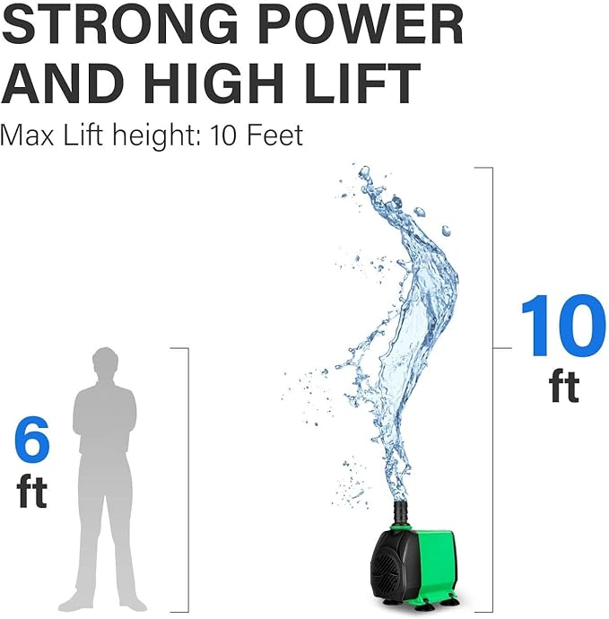 Simple Deluxe 10ft High Lift 800GPH 24W Water Table Pump (3000L/H) with 3 Nozzles, Perfect for Fish Tank, Pond, Aquarium, Statuary, Hydroponics, Fountain, Green