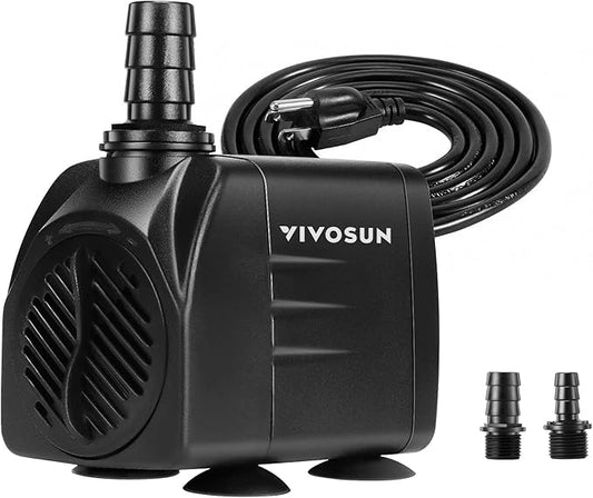 VIVOSUN 480GPH Submersible Pump(1800L/H, 25W), Ultra Quiet Water Pump with 7.2ft High Lift, Fountain Pump with 5ft Power Cord, 3 Nozzles for Fish Tank, Aquarium, Statuary, Hydroponics Black