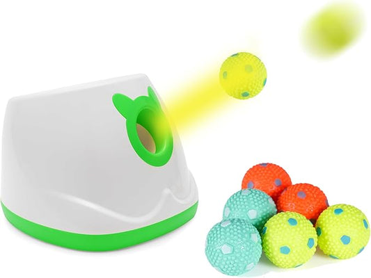 Automatic Ball Launcher for Dogs, 4 Launch Distance Modes, 2-inch Small Balls Included, Suitable for Small to Medium Sized Dogs (Green with latex balls)