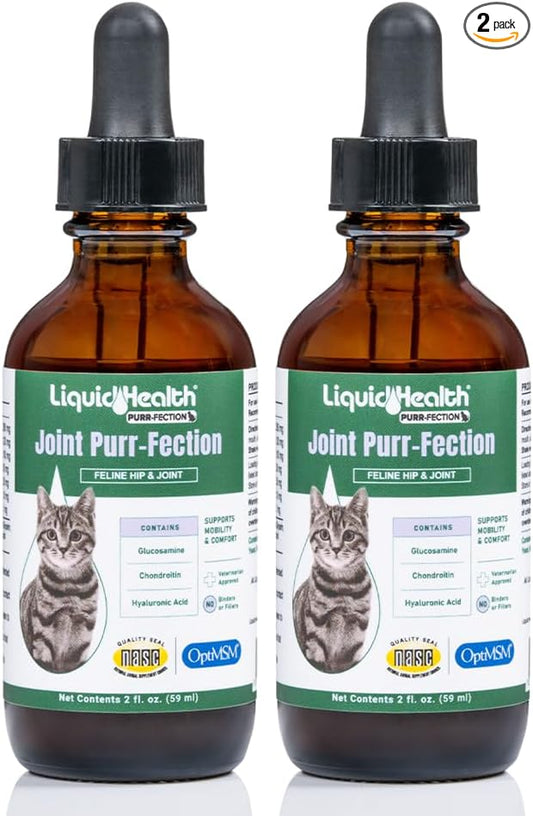 LIQUIDHEALTH 2.3 Oz Liquid Cat Glucosamine Joint Purr-Fection - Hip and Joint Health Relief Support, Chondroitin Feline Droppers -Senior Older Cats, Kittens - (2 Pack)