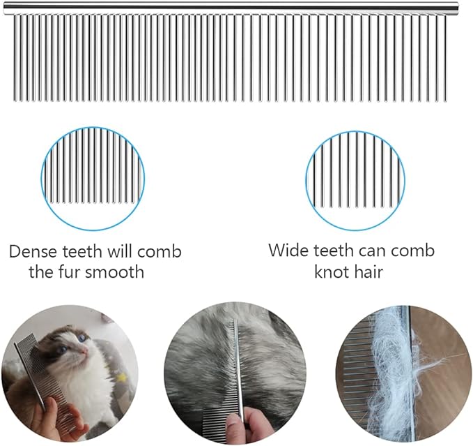 Dog Combs for Grooming, 2 Pack Metal Dog Comb with Rounded Teeth, Stainless Steel Cat Comb for Removing Tangles and Knots for Dogs and Cats