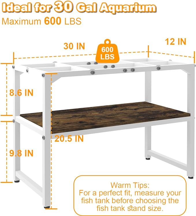 30 Gallon Fish Tank Stand with Shelf for Accessories Storage, 2 Tiers Heavy Duty Metal Aquarium Stand, Breeder Tank Turtle Reptile Terrariums Stand Rack for Home Office, 30" L x 12" W, White