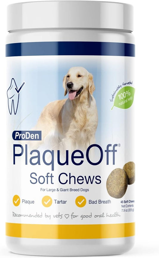 ProDen PlaqueOff Soft Chews with Natural Kelp - for Large & Giant Breed Dogs - Supports Normal, Healthy Teeth, Gums, and Breath Odor in Dogs - 45 Soft Chews