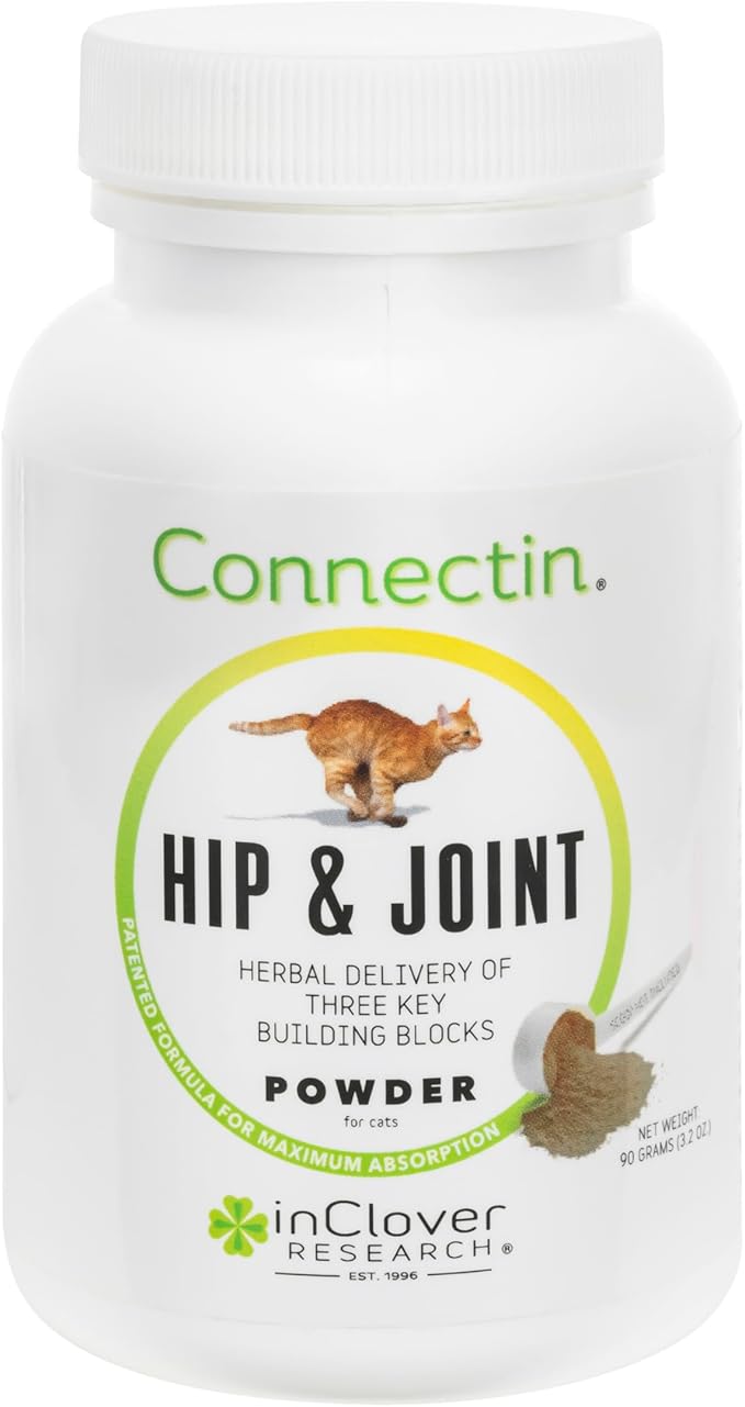 In Clover Connectin Hip and Joint Powder Supplement for Cats. Combines Glucosamine, Chondroitin and Hyaluronic Acid with Herbs for Comfort and Mobility. 3.2 oz.