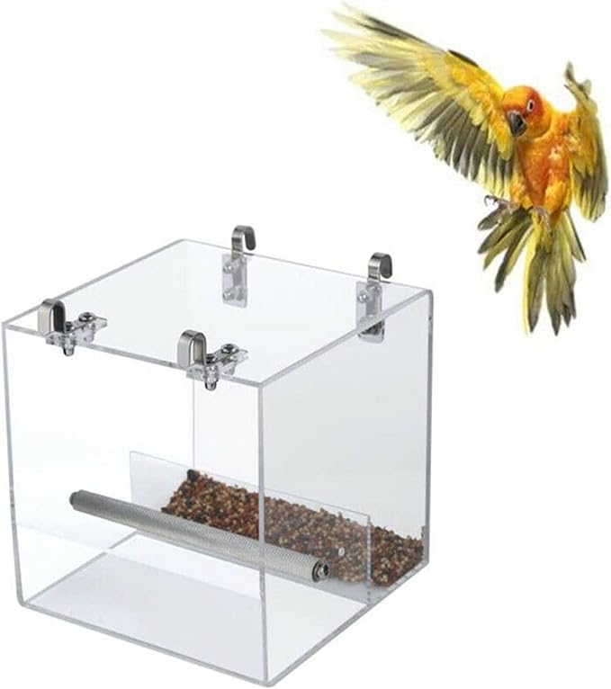 Automatic Bird Feeder No Mess Bird Cage Pet Feeder Seed Food Container for Parakeet Canary Cockatiel Parrot Finch Canary Acrylic (5.1 x 5.1 x 4.3 inch)