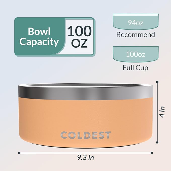 Coldest Dog Bowl - Anti Rust Metal & Non Slip Dog Bowls Large, Spill Proof Heavy Duty 3 Layers Insulated Dog Bowl - Food and Water Bowl for Dogs, Cats & Pets, Dishwasher Safe (100 oz, Sahara Peach)