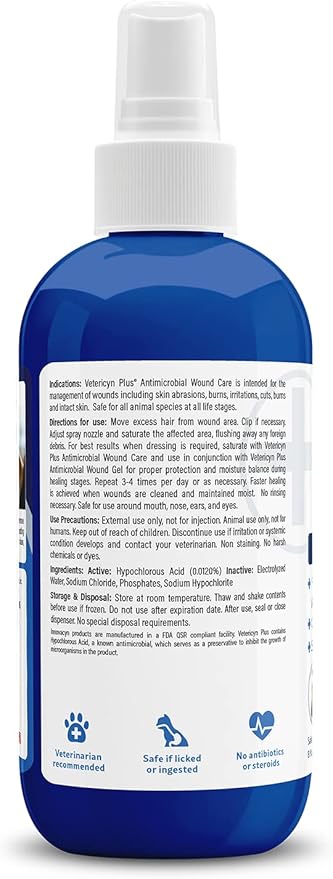 Vetericyn Plus Dog Wound Care Spray | Healing Aid and Skin Repair, Clean Wounds, Relieve Dog Skin Allergies, Safe for All Animals. 8 ounces