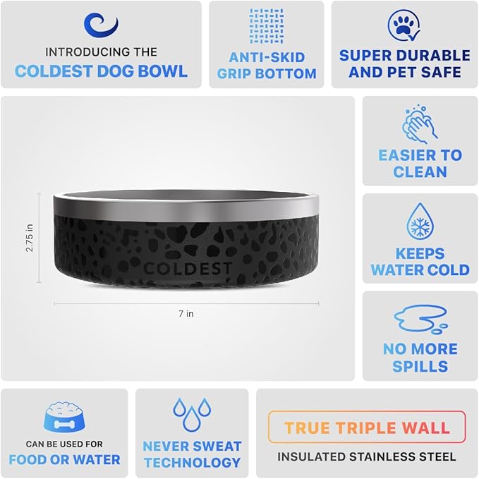 Coldest Dog Bowl - Anti Rust Metal & Non Slip Dog Bowls Large, Spill Proof Heavy Duty 3 Layers Insulated Dog Bowl - Food and Water Bowl for Dogs, Cats & Pets, Dishwasher Safe (42 oz, Black Leopard)