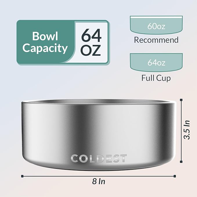 Coldest Dog Bowl, Anti Rust Metal & Non Slip Dog Bowls Large, Spill Proof Heavy Duty 3 Layers Insulated Dog Bowl, Food & Water Bowl for Dogs, Cats, Dishwasher Safe (64 oz, Polished Stainless Steel)