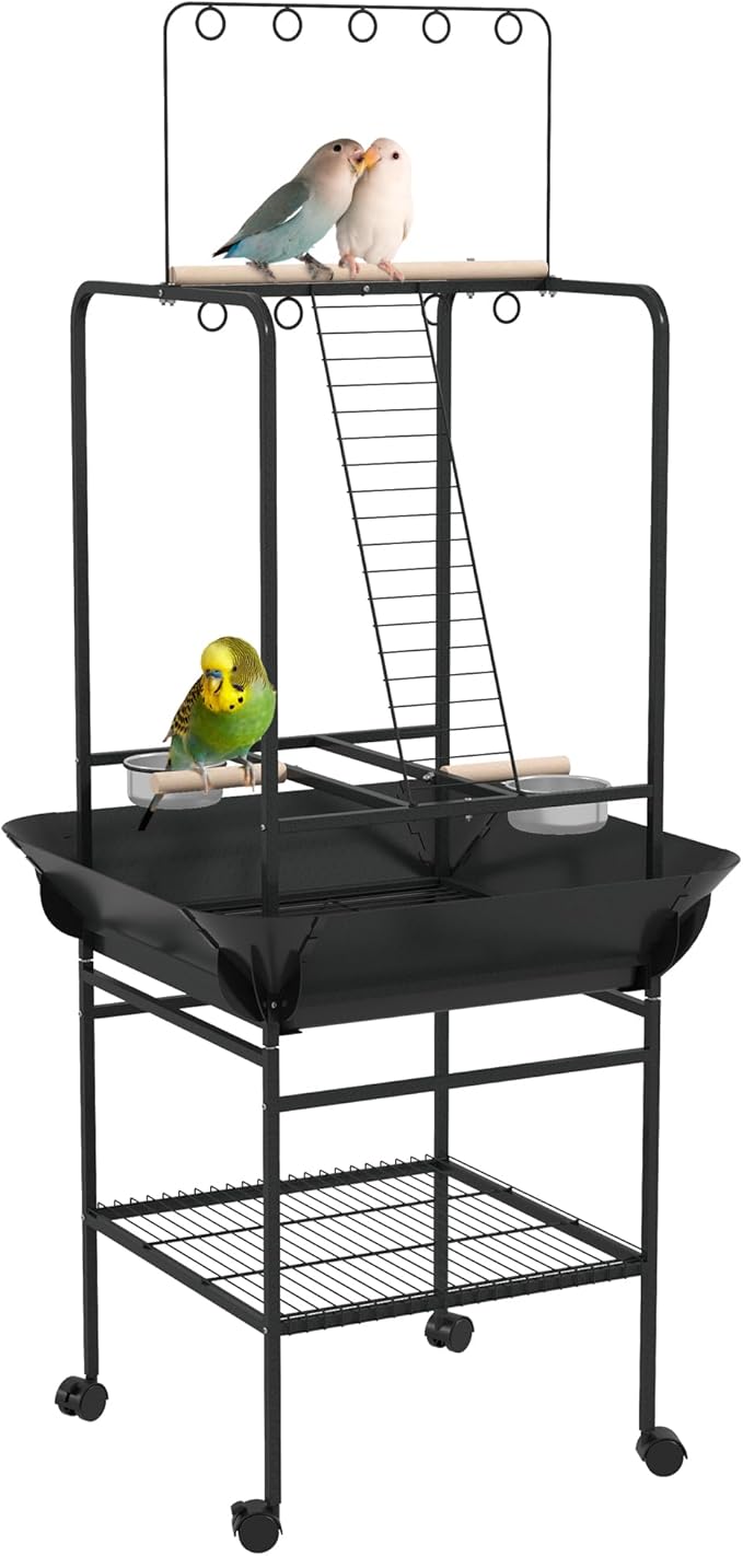NicBex 61" Large Bird Stand with Wheels,Bird Play Stand for Parrot Lovebirds Finches Parakeets Budgie Parrotlet Conures,Parrot Stand with Perches, Stainless Steel Feed Bowls,Toy Hanger,Gray