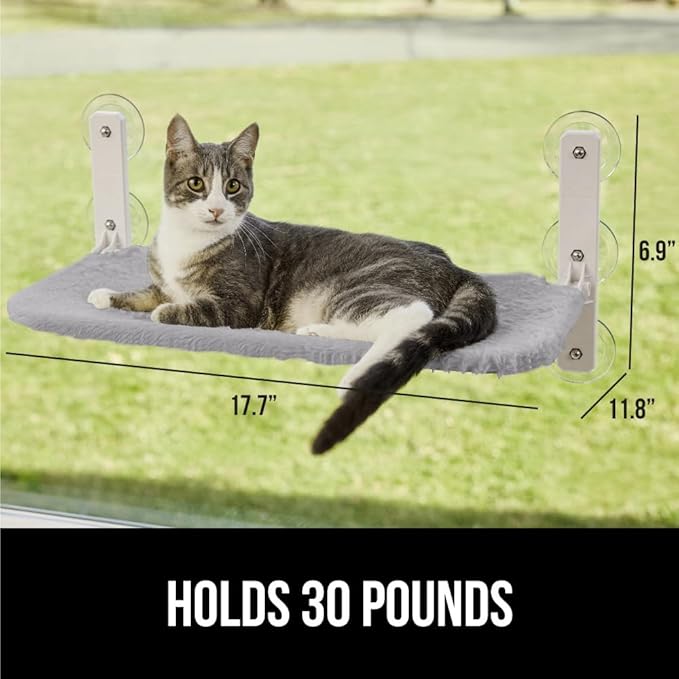 Gorilla Grip Heavy Duty Cordless Cat Window Perch, 6 Large Suction Cups, Strong Metal Frame Holds 30lbs, Foldable Indoor Hammock Bed with Reversible Washable Cover, Cats Seat Wall Shelves, Gray