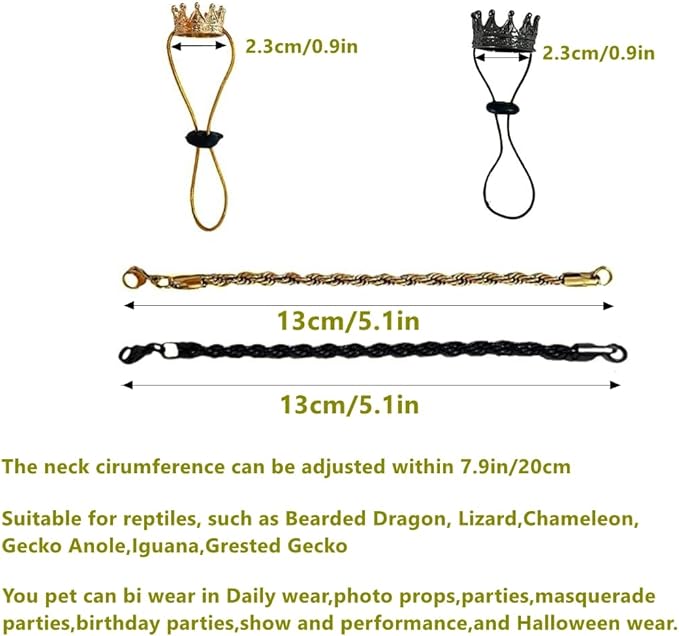 2Pcs Lizard Crown Necklace Set Metal Lizard Outfit Reptile Clothes Accessories Lizard Photo Props for Bearded Dragons Iguana Amphibians and Other Small Animals (Black)