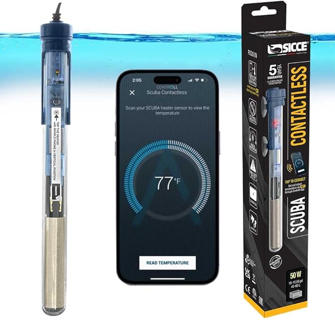 Sicce Scuba 50 Watt Aquarium Fish Tank Heater Smartphone Controlled via NFC Contactless App Adjustable | 50W Submersible for Marine Saltwater and Freshwater | Run Dry Protection