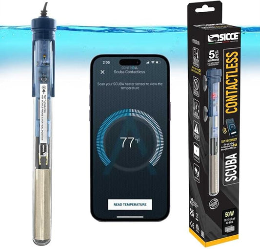 Sicce Scuba 50 Watt Aquarium Fish Tank Heater Smartphone Controlled via NFC Contactless App Adjustable | 50W Submersible for Marine Saltwater and Freshwater | Run Dry Protection