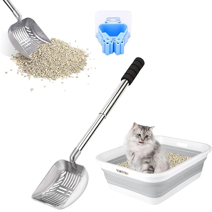 Cat Litter Scoop, with Retainer,Stainless Steel Retractable Litter Scoop with Foam Pad Grip, Non-Bending Heavy Duty Cat Litter Scoop, Non-Stick Large Cat Litter Scooper for Multi-Cat Households