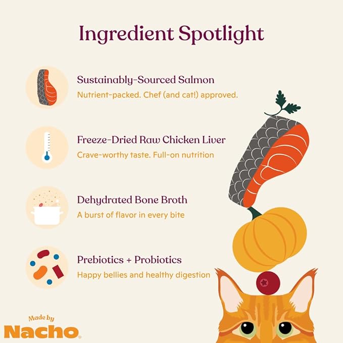 Made by Nacho Premium Dry Cat Food High Protein Kibble withFreeze Dried Pieces for Enhanced Nutrition and Flavor 4lb Bag (Sustainably-Caught Salmon, Whitefish & Pumpkin), Limited Ingredients