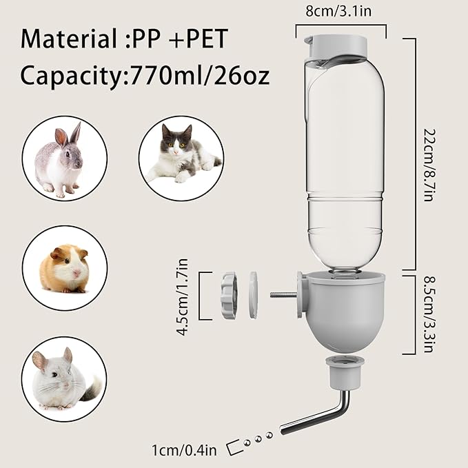 Pet Water Bottle for Cage Crate 26oz Water Dispenser for Small Animal Rabbit Guinea Pig Chinchilla Ferret Squirrel Hedgehog (Gray)