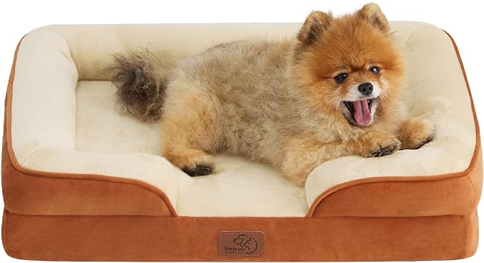 Bedsure Small Orthopedic Dog Bed - Washable Bolster Dog Sofa Beds for Small Dogs, Supportive Foam Pet Couch Bed with Removable Washable Cover, Waterproof Lining and Nonskid Bottom Couch, Caramel