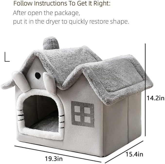 Luxury Double Roof Indoor Dog House Cat Nest,Foldable Warm Soft Kennel,30D High Elastic Memory Sponge,Removable Cushion and Non-Slip Bottom (Grey Double Roof, M)