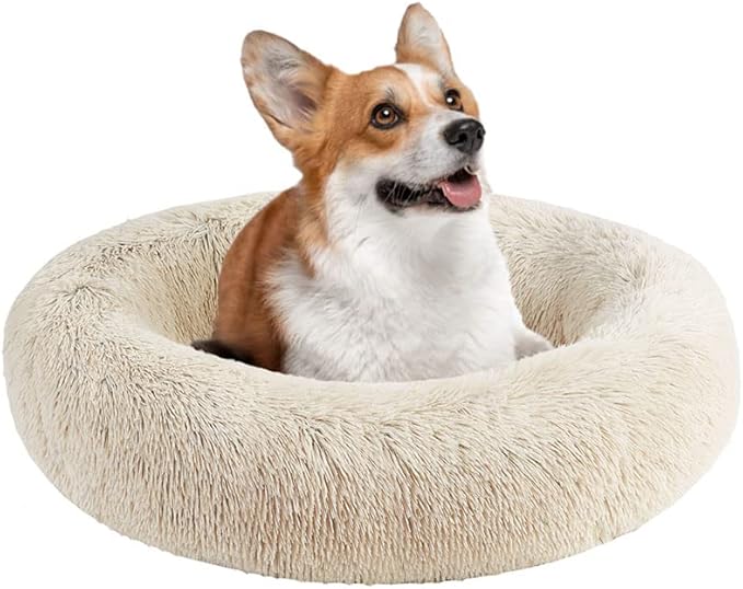 Friends Forever Calming Dog Bed for Medium Dogs, Donut Medium Pet Bed, 30 Inches Memory Foam Orthopedic Dog Bed with Fluffy Plush Faux Fur, Machine Washable, Serena Tan, 30"x23"x6.5"