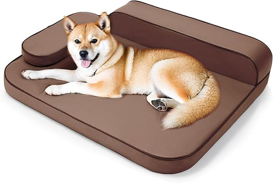 Dog Bed for Large Dogs, Easy Clean Dog Sofa Air-Leather-Fabric Pet Bed, Stain & Waterproof Dog Bed with Memory Foam & Washable Cover, with Pillow & Side Cushion, Brown, L Size