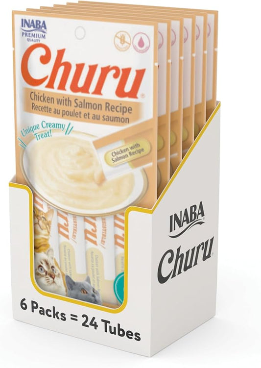 INABA Churu Cat Treats, Grain-Free, Lickable, Squeezable Creamy Purée Cat Treat/Topper with Vitamin E & Taurine, 0.5 Ounces Each Tube, 24 Tubes (4 per Pack), Chicken with Salmon Recipe