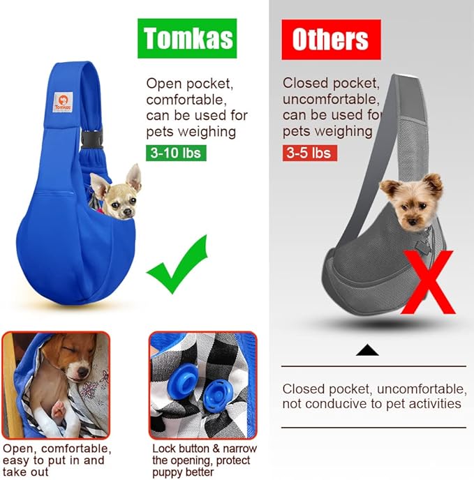 Tomkas Dog Sling Carrier for Small Dogs - Royal Blue, Adjustable Strap & Zipper Pocket, Up to 10 lbs. Perfect Puppy Carrier for Small Dogs